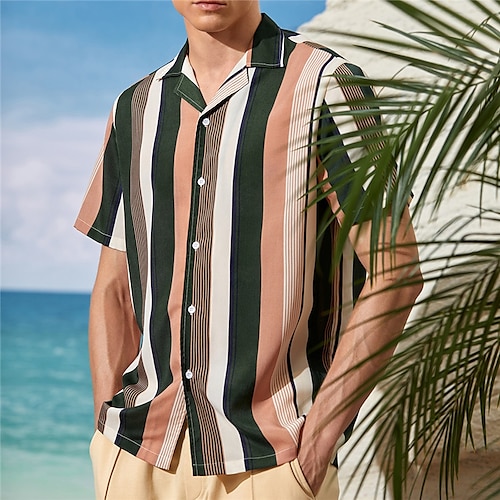 

Men's Shirt Striped Turndown Khaki Short Sleeve 3D Print Outdoor Street Button-Down Print Tops Fashion Designer Casual Breathable / Summer / Spring / Summer