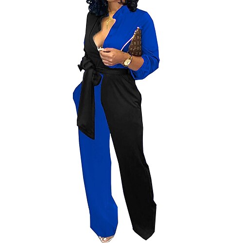 

Women's Jumpsuit Patchwork High Waist Color Block Deep V Streetwear Street Going out Straight Regular Fit Long Sleeve Blue Purple White S M L Winter