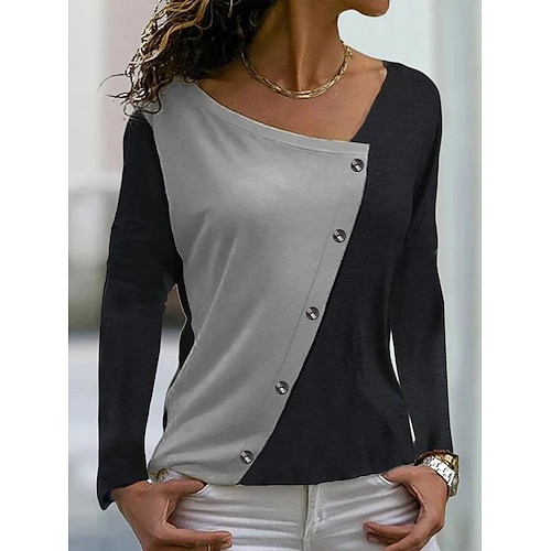 

Women's T shirt Tee Black Color Block Button Long Sleeve Daily Basic Diagonal Neck Regular S