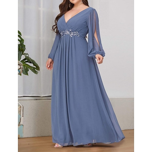 

Women's Plus Size Party Dress Pure Color V Neck Ruched Long Sleeve Winter Fall Elegant Maxi long Dress Formal Party Dress / Evening Party / Cut Out