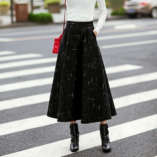 

Women's Skirt Swing Midi Woolen Blue Gray Black Skirts Autumn / Fall Print Fashion Daily S M L / Loose Fit