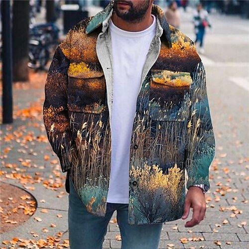 

Men's Coat Street Daily Vacation Fall Winter Regular Coat Regular Fit Warm Breathable Streetwear Chic & Modern Casual Jacket Long Sleeve 3D Print Scenery Pocket Print Yellow