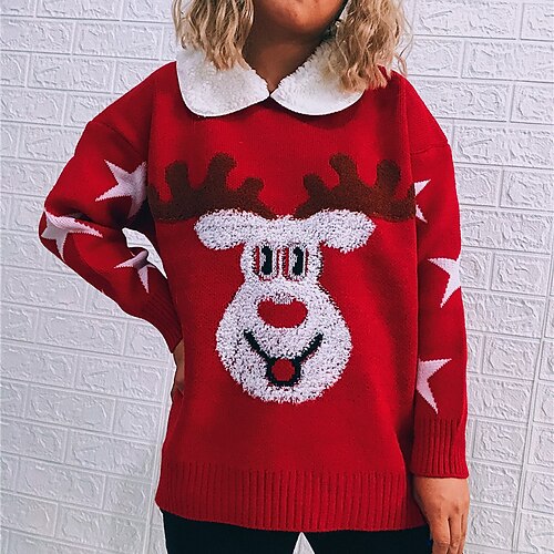 

Women's Ugly Sweater Pullover Sweater Jumper Ribbed Knit Patchwork Knitted Animal Shirt Collar Stylish Casual Outdoor Christmas Fall Winter White Red S M L / Long Sleeve