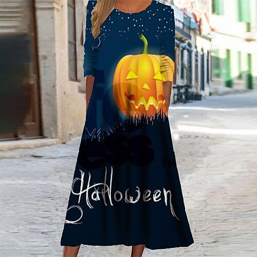 

Women's Casual Dress Swing Dress Midi Dress Blue Yellow Navy Blue Long Sleeve Letter Pumpkin Pocket Print Fall Winter Round Neck Vacation Casual Halloween 2022 S M L XL XXL 3XL