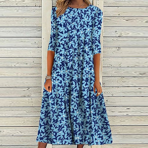

Women's Casual Dress Shift Dress Midi Dress Blue 3/4 Length Sleeve Floral Ruched Print Fall Winter Round Neck Casual Vacation 2022 S M L XL XXL 3XL