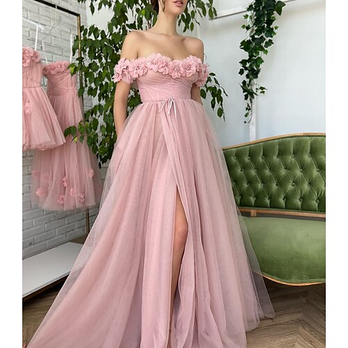 

A-Line Prom Dresses Corsets Dress Wedding Guest Sweep / Brush Train Short Sleeve Off Shoulder Tulle with Slit Appliques 2022