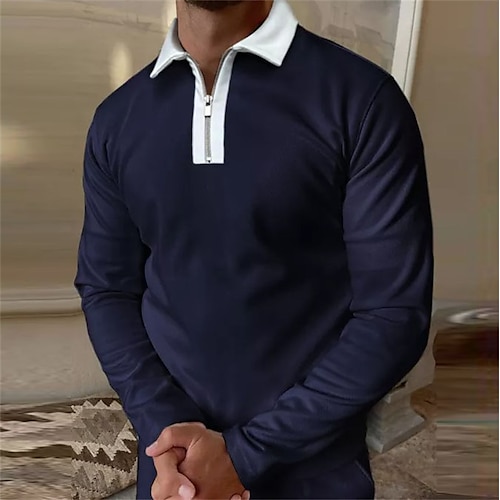 

Men's Collar Polo Shirt Golf Shirt Quarter Zip Polo Solid Color Turndown Sea Blue Street Daily Long Sleeve Zipper Clothing Apparel Fashion Casual Comfortable