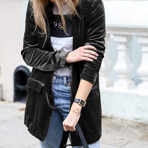 

Women's Blazer Warm Breathable Outdoor Office / Career Daily Wear Going out Pocket Cardigan Turndown Active Casual Comfortable Solid Color Regular Fit Outerwear Long Sleeve Winter Fall Black Blue