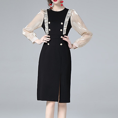 

Women's Sheath Dress Black Long Sleeve Color Block Ruffle Winter Fall Autumn Crew Neck Fashion Winter Dress Weekend Fall Dress 2022 S M L XL XXL