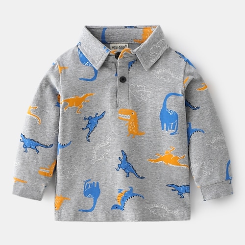 

Kids Boys Shirt Long Sleeve Dinosaur Gray Yellow Khaki Children Tops Fall Winter Active Adorable School Outdoor 2-8 Years