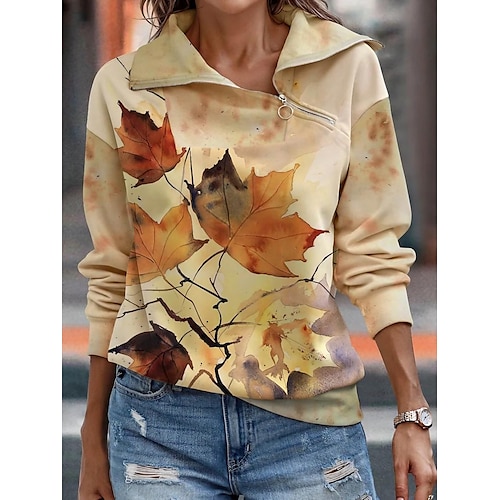 

Women's Sweatshirt Pullover Active Streetwear Quarter Zip Print Green Blue Yellow Floral Paisley Trees / Leaves Daily Half Zipper Long Sleeve S M L XL XXL / 3D Print