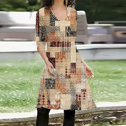 

Women's Casual Dress T Shirt Dress Tee Dress Short Mini Dress Yellow Wine Long Sleeve Geometric Color Block Pocket Print Fall Winter V Neck Vacation Casual 2022 S M L XL XXL 3XL