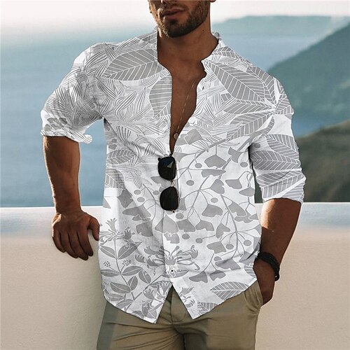 

Men's Shirt Graphic Shirt Leaves Turndown Gray 3D Print Outdoor Street Button-Down Print Clothing Apparel Fashion Designer Casual Breathable / Long Sleeve / Long Sleeve