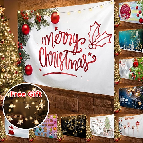

Christmas Tapestry Photography Background Wall Hanging Tree Ball Farmhouse Home Decor Red Socks Livingroom Bedroom Party Place (with LED String Lights)