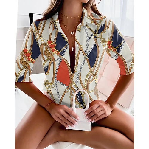 

Women's Blouse Shirt Orange Navy Blue White Chains Print Button Print Long Sleeve Daily Weekend Streetwear Casual Shirt Collar Regular S