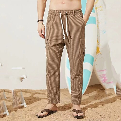 

Men's Trousers Casual Pants Pocket Drawstring Elastic Waist Stripe Comfort Soft Daily Holiday Streetwear Stylish Classic Dark Khaki Micro-elastic / Spring / Elasticity