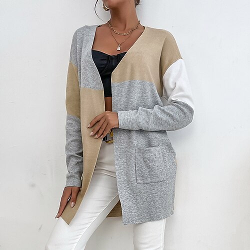 

Women's Cardigan Sweater Jumper Ribbed Knit Patchwork Pocket Color Block V Neck Stylish Casual Outdoor Daily Fall Winter Khaki S M L / Long Sleeve