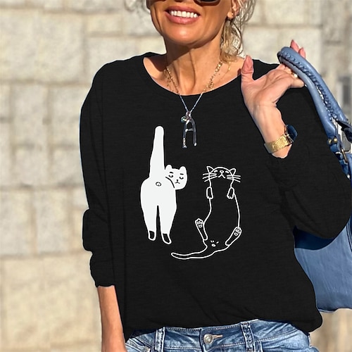 

Women's Sweatshirt Pullover Active Streetwear Print Black Blue Khaki Cat Daily Round Neck Long Sleeve S M L XL XXL