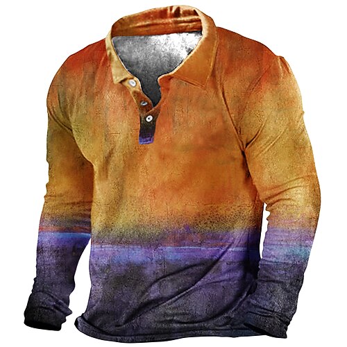 

Men's Collar Polo Shirt Golf Shirt Gradient Turndown Pink Yellow 3D Print Street Casual Long Sleeve Button-Down Print Clothing Apparel Fashion Designer Casual Breathable