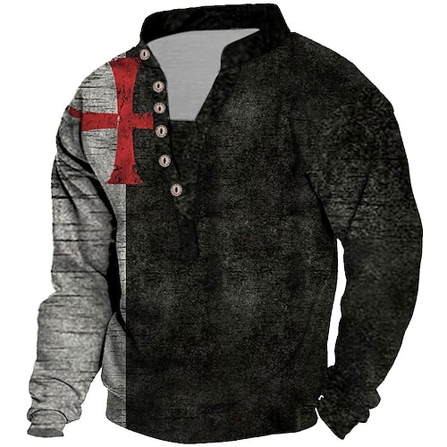 

Men's Unisex Sweatshirt Pullover Button Up Hoodie Black Standing Collar Knights Templar Graphic Prints Cross Print Casual Daily Sports 3D Print Streetwear Designer Casual Spring & Fall Clothing