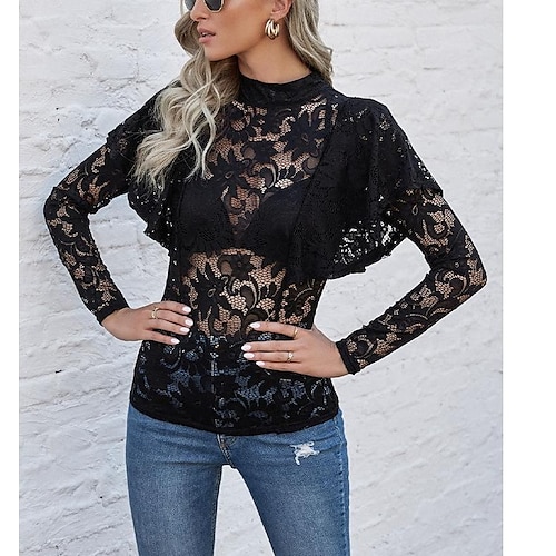 

half turtleneck lace bottoming shirt women's early autumn sexy hollow half see-through puff sleeve slimming top