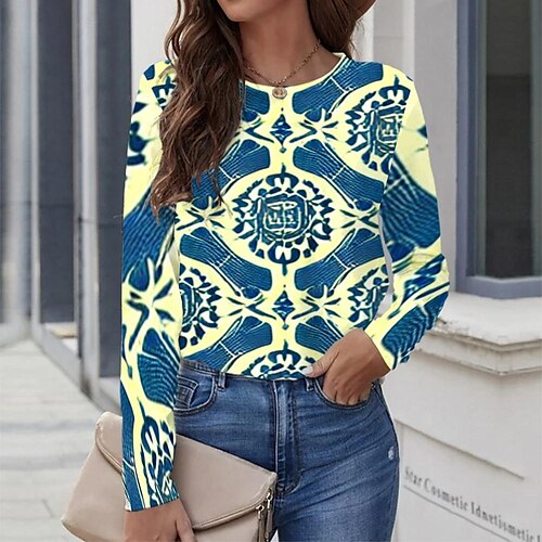 

Women's T shirt Tee Yellow Graphic Geometric Print Long Sleeve Casual Daily Vintage Round Neck Regular Geometric Painting S / 3D Print