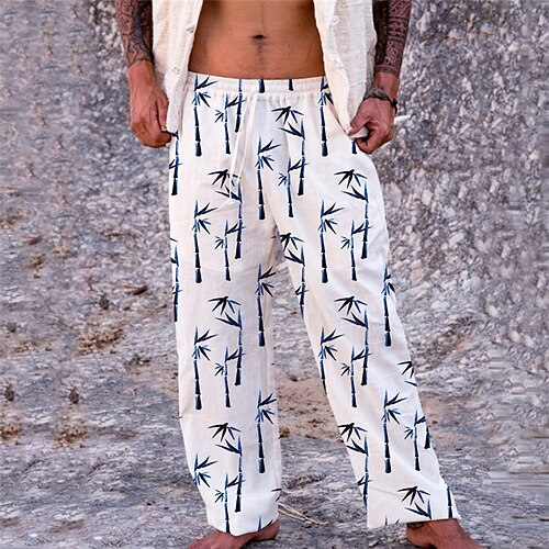 

Men's Trousers Beach Pants Pocket Drawstring Elastic Waist Plants Graphic Prints Comfort Breathable Casual Daily Holiday Streetwear Designer White / Elasticity