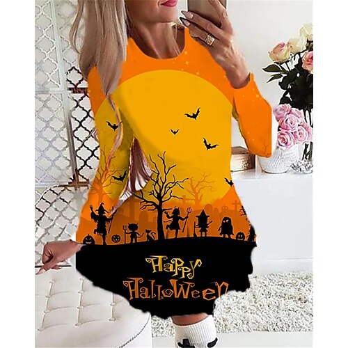 

Women's Casual Dress Swing Dress Short Mini Dress Blue Yellow Wine Orange Gray Long Sleeve Plaid Skull Pumpkin Print Fall Winter Crew Neck Vacation Casual Halloween 2022 S M L XL 2XL 3XL 4XL 5XL 6XL