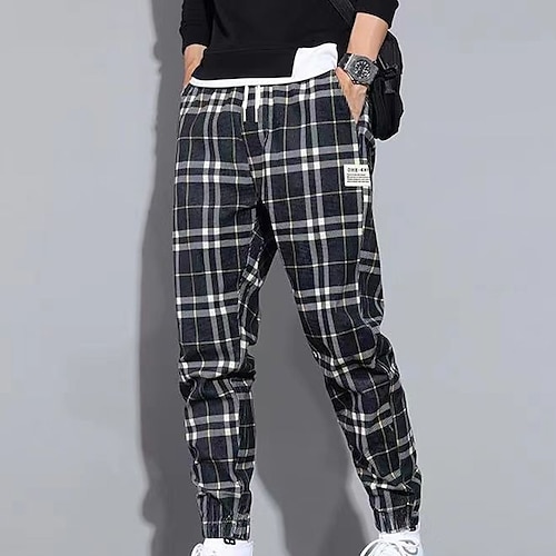 

Men's Joggers Tapered pants Trousers Casual Pants Plaid Drawstring Trousers Pocket Elastic Waist Grid / Plaid Comfort Soft Daily Holiday Running Streetwear Casual Black / White Dark Khaki / Spring