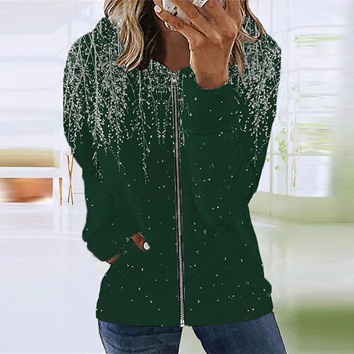 

Women's Casual Jacket Warm Breathable Outdoor Street Going out Casual Daily Zipper Pocket Print Zipper Hoodie Preppy Style Print Regular Fit Outerwear Long Sleeve Winter Fall Dark Green S M L XL XXL