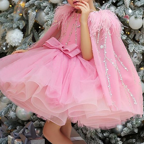 

Party Christmas Princess Flower Girl Dresses Jewel Neck Knee Length Tulle Winter Fall with Bow(s) Paillette Cute Girls' Party Dress Fit 3-16 Years