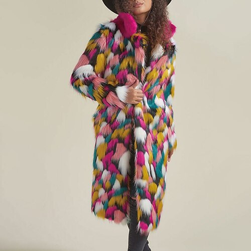 

Women's Teddy Coat Windproof Warm Outdoor Street Daily Vacation Patchwork Fur Collar Open Front Stand Collar Fashion Casual Street Style Color Block Regular Fit Outerwear Long Sleeve Winter Fall
