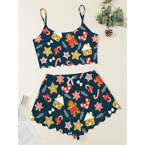 

Women's ChristmasPjs Plus Size Pajamas Sets 2 Pieces Snowflake Fashion Comfort Soft Home Carnival Breathable Gift Straps Sleeveless Strap Top Shorts Elastic Waist Spring Summer Navy