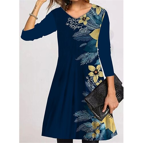 

Women's Casual Dress T Shirt Dress Tee Dress Short Mini Dress Navy Blue Long Sleeve Floral Pocket Print Fall Winter V Neck Vacation Casual 2022 S M L XL XXL 3XL