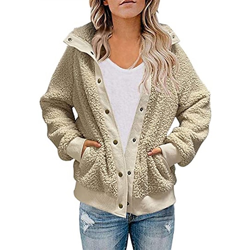 

Women's Sherpa jacket Fleece Jacket Teddy Coat Windproof Warm Outdoor Street Daily Vacation Pocket Single Breasted Stand Collar Street Style Preppy Style Solid Color Regular Fit Outerwear Long Sleeve