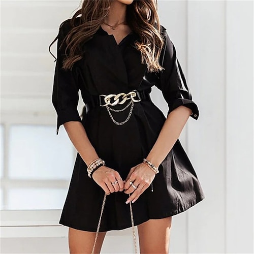 

Women's Shirt Dress Black Dress Mini Dress Green Black White Half Sleeve Pure Color With Belt Winter Fall Autumn Shirt Collar Fashion 2022 S M L XL 2XL