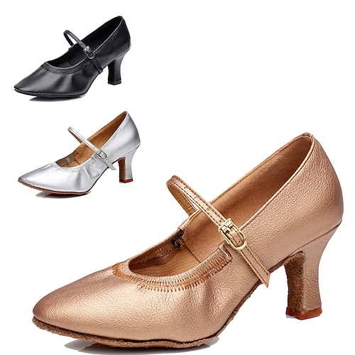 

Women's Modern Shoes Ballroom Shoes Performance Practice Waltz Heel Solid Color Cuban Heel Black Brown Silver