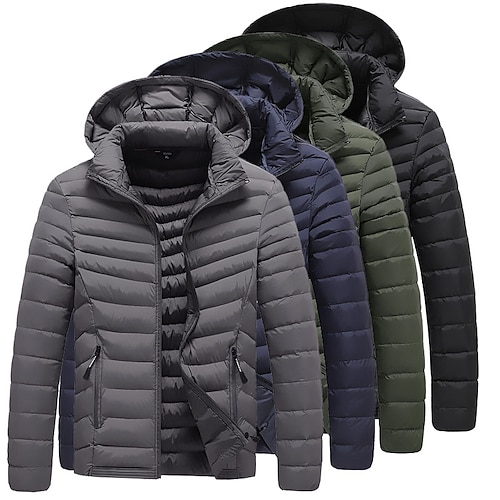 

Men's Puffer Jacket Winter Jacket Quilted Jacket Winter Coat Hoodie Jacket Thermal Warm Windproof Daily Wear Casual Daily Solid Color Outerwear Clothing Apparel Casual Daily Black Blue Army Green