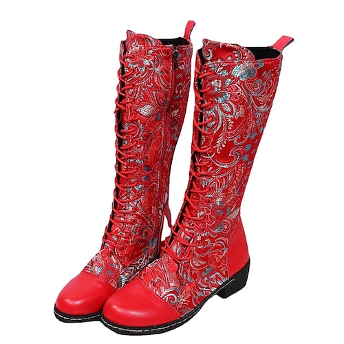 

Women's Boots Party Christmas Halloween Lace Up Boots Mid Calf Boots Winter Embroidery Lace-up Chunky Heel Round Toe Vintage Elegant Chinoiserie PU Leather Zipper Floral Embroidered Black Blue Red