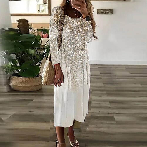 

Women's Casual Dress T Shirt Dress Tee Dress Midi Dress Gold Long Sleeve Color Gradient Print Fall Winter Crew Neck Vacation Casual 2022 S M L XL / 3D Print