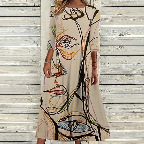 

Women's Casual Dress Shift Dress Midi Dress Khaki 3/4 Length Sleeve Abstract Ruched Winter Fall 2022 S M L XL XXL 3XL