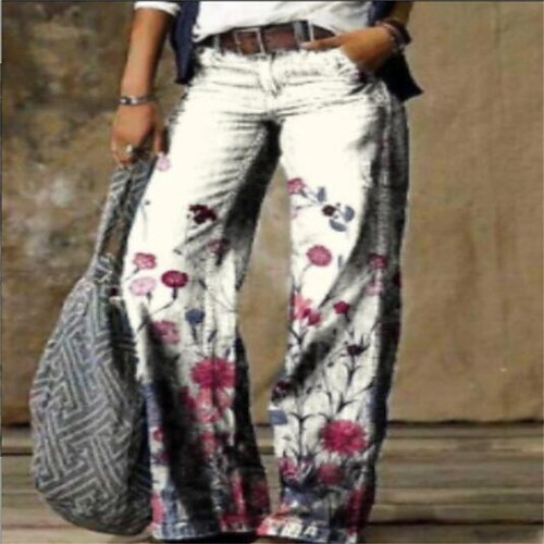 

Women's Wide Leg Trousers Print Tartan Outdoor Full Length Office Daily Faux Denim Fashion Casual Loose Fit Black / White White Mid Waist Micro-elastic
