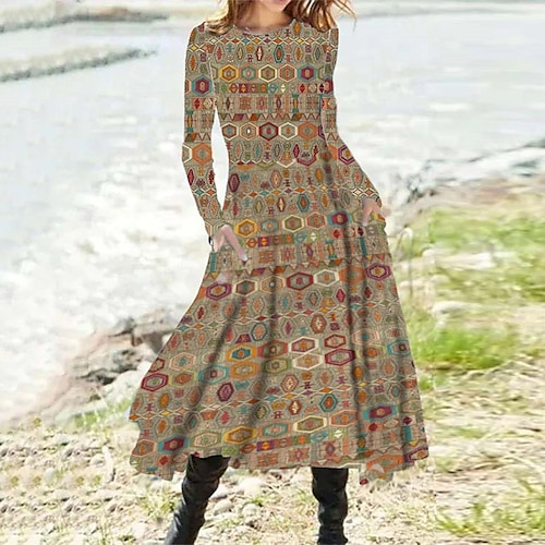 

Women's Casual Dress Ethnic Dress Swing Dress Midi Dress Yellow Khaki Gray Long Sleeve Floral Pocket Winter Fall Round Neck Vacation Winter Dress Fall Dress 2023 S M L XL XXL 3XL