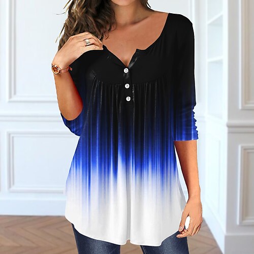 

Women's T shirt Tee Tunic Green Blue Purple Color Gradient Button Flowing tunic Long Sleeve Casual Weekend Basic Round Neck Long Painting S / Print