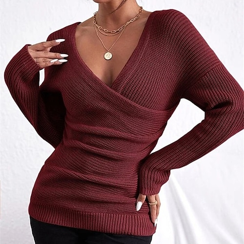 

Women's Pullover Sweater jumper Jumper Ribbed Knit Criss Cross Knitted Pure Color V Neck Basic Stylish Outdoor Daily Winter Fall Pink Wine S M L / Cotton / Long Sleeve / Cotton / Holiday