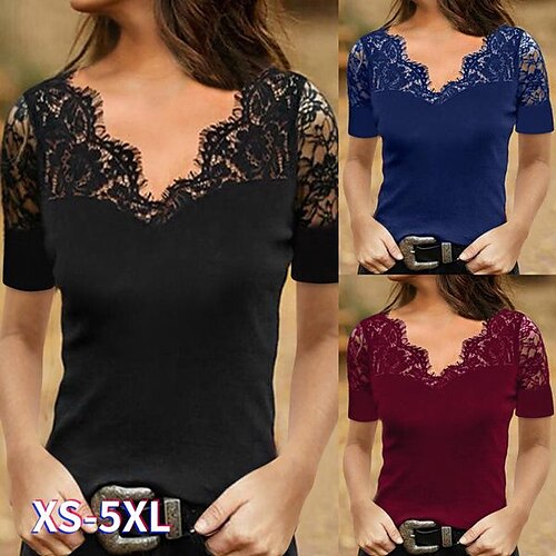 

2022 European And American Cross-Border New Temperament Commuter V-Neck Pullover Lace Mesh Bottoming Shirt Women's Short Sleeves
