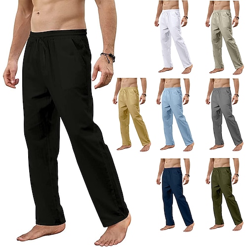 

Men's Linen Pants Trousers Beach Pants Pocket Drawstring Straight Leg Solid Color Plain Breathable Soft Full Length Home Casual Linen Fashion Classic Loose Fit White Black Micro-elastic / Elasticity