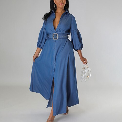 

Women's Casual Dress Shirt Dress Long Dress Maxi Dress Blue Long Sleeve Pure Color Button Winter Fall Autumn Shirt Collar Fashion Winter Dress Weekend Fall Dress Loose Fit 2023 S M L XL XXL