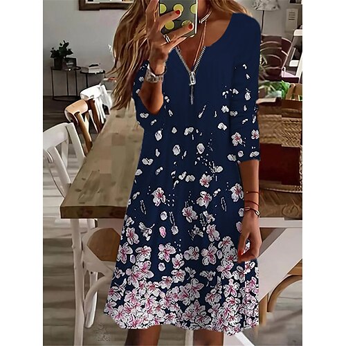 

Women's Casual Dress A Line Dress Knee Length Dress White Khaki Navy Blue Long Sleeve Floral Zipper Print Fall Winter V Neck Vacation Casual 2022 S M L XL 2XL 3XL 4XL 5XL 6XL
