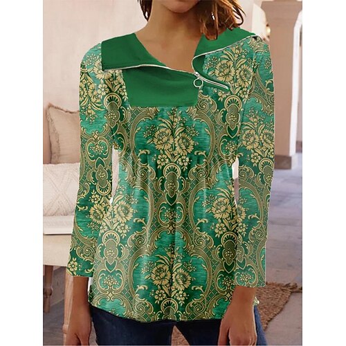 

Women's Blouse Shirt Green Blue Yellow Floral Quarter Zip Print Long Sleeve Daily Weekend Streetwear Casual Shirt Collar Regular Floral S / 3D Print